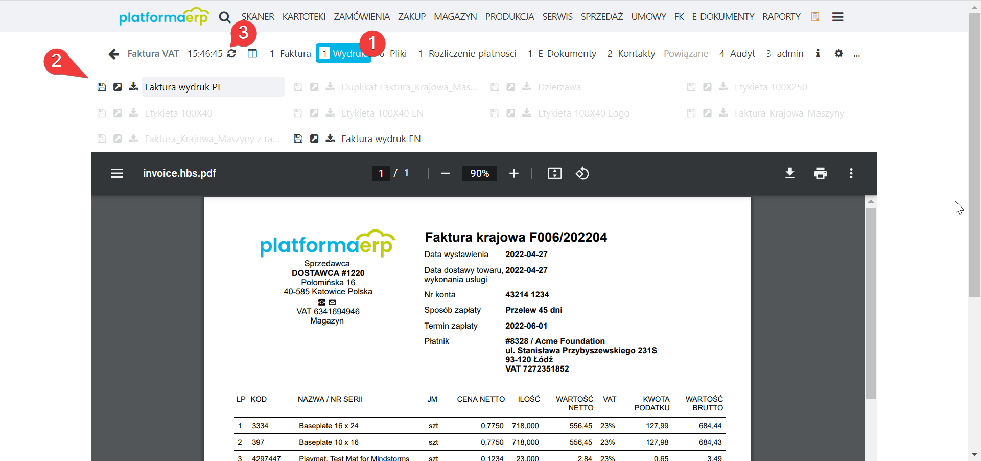 Platforma ERP Wydruk dokumentu