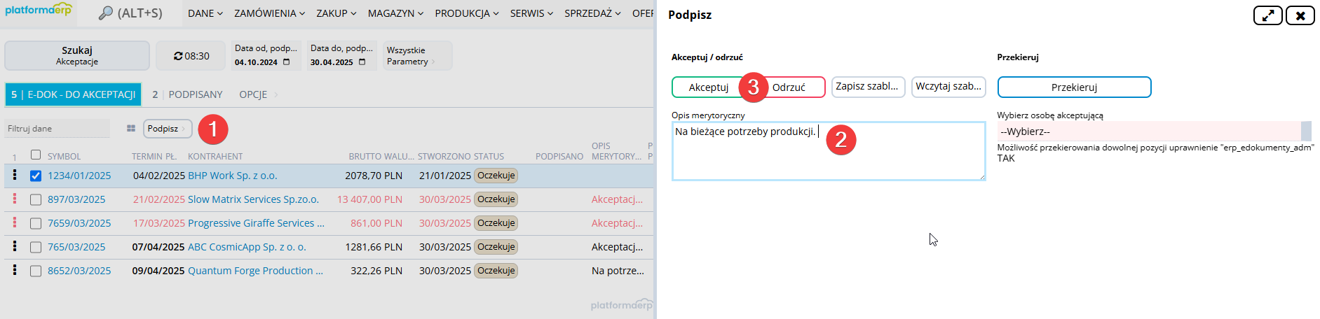 Platforma ERP E-dokumenty Proces akceptacji