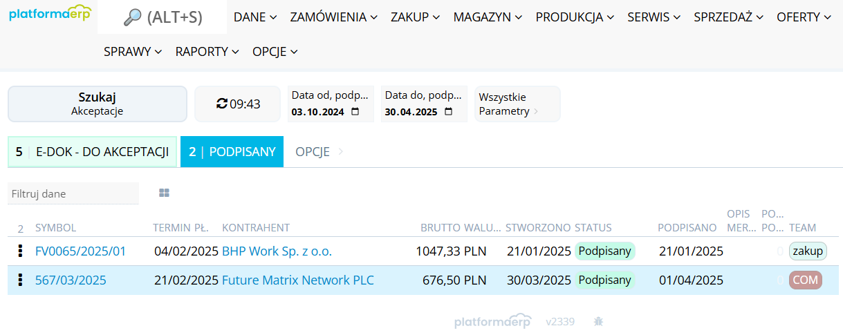 Platforma ERP E-dokumenty Dokumenty zaakceptowane