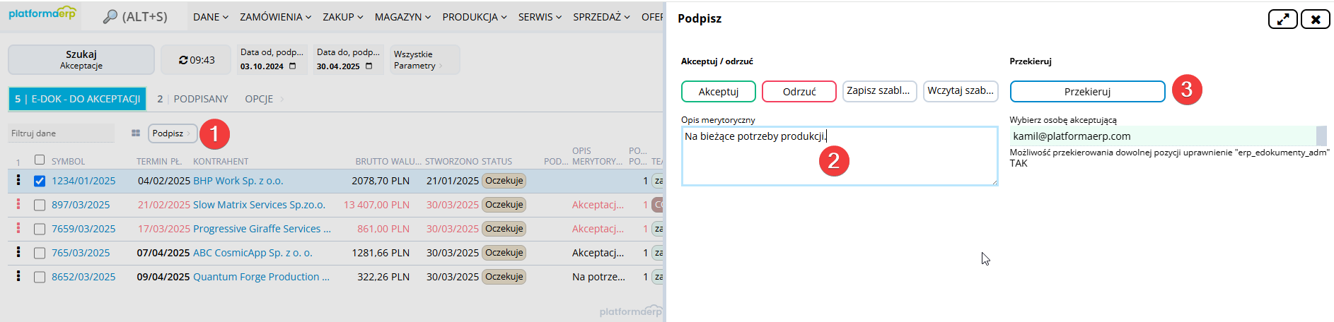 Platforma ERP E-dokumenty Przekierowanie akceptacji