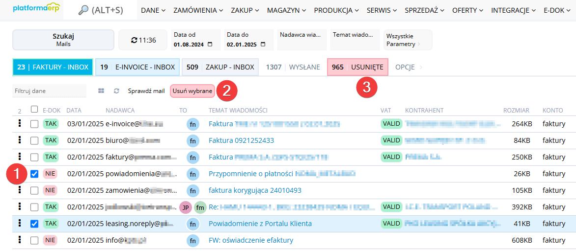 Platforma ERP E-dokumenty, skrzynka odbiorcza