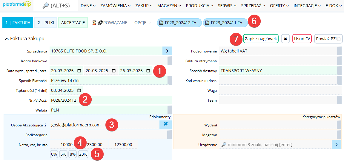 Platforma ERP Nagłówek faktury zakupu