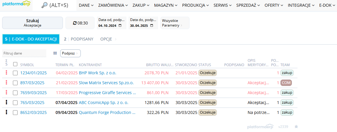 Platforma ERP E- dokumenty Akceptacja