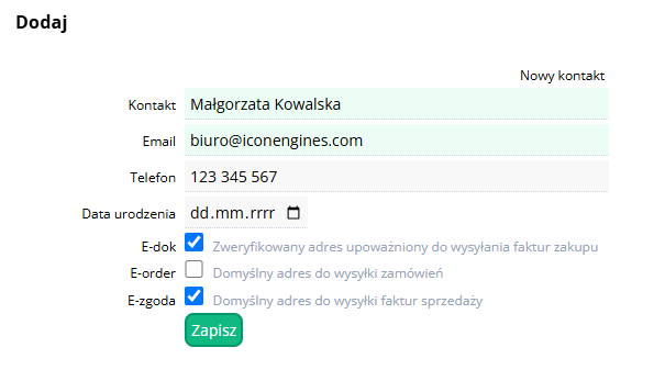 Platforma ERP E-dokumenty Nowy kontakt
